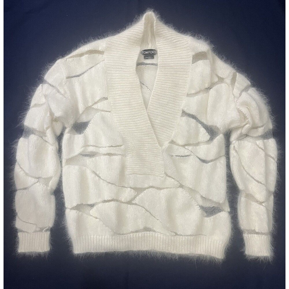 Tom Ford Sweater Women Angora Rabbit White V-Neck Knit Jumper Italy Sz M MEDIUM